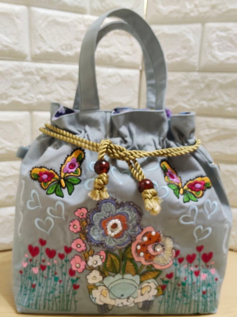 ロラライハリス　刺繍　巾着　ショルダーバッグ　2WAY　帆布　ハンドメイド