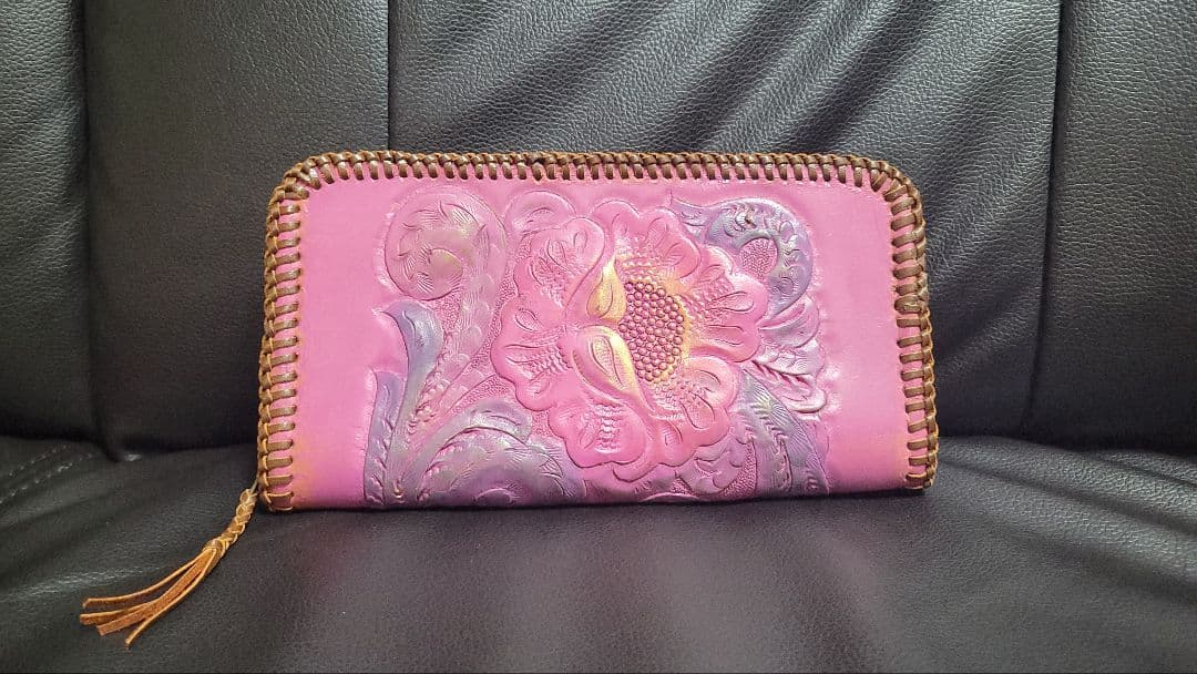 花彫刻 長財布 ハンドメイド 本革