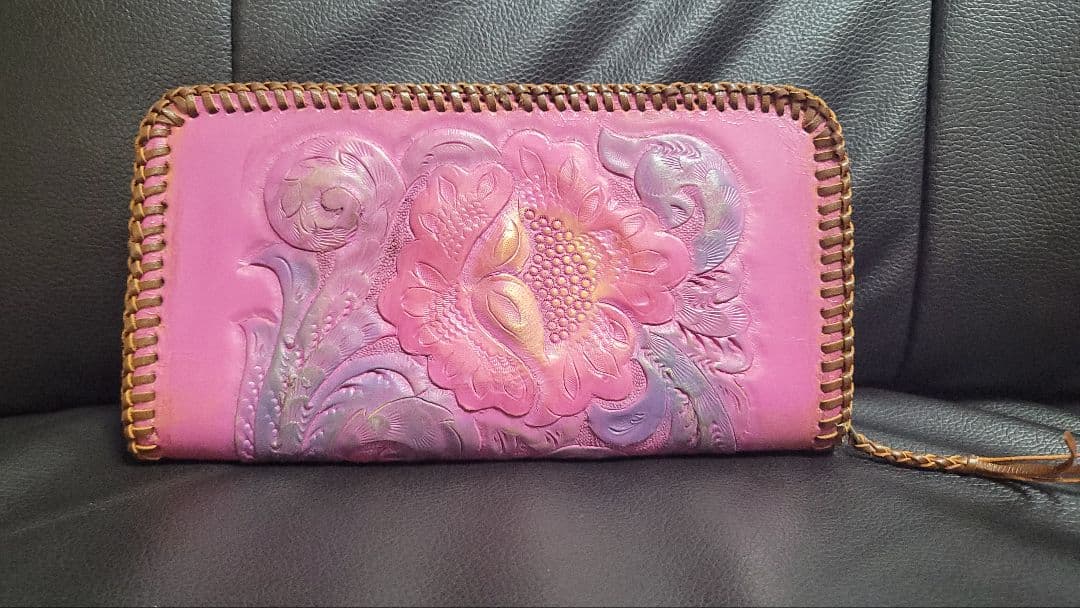 花彫刻 長財布 ハンドメイド 本革