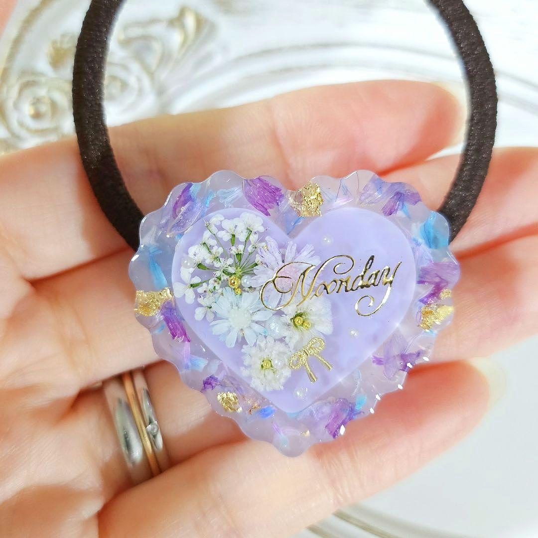 【91】上品ラベンダー×ドライフラワー♡ハート レジン ヘアゴム ハンドメイド
