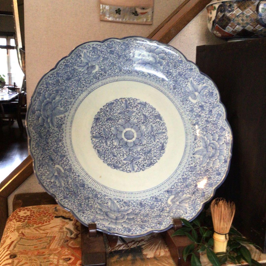 A865 古伊万里　染付　幕末線描　牡丹に柘榴紋様（1尺5寸）大皿　　1枚