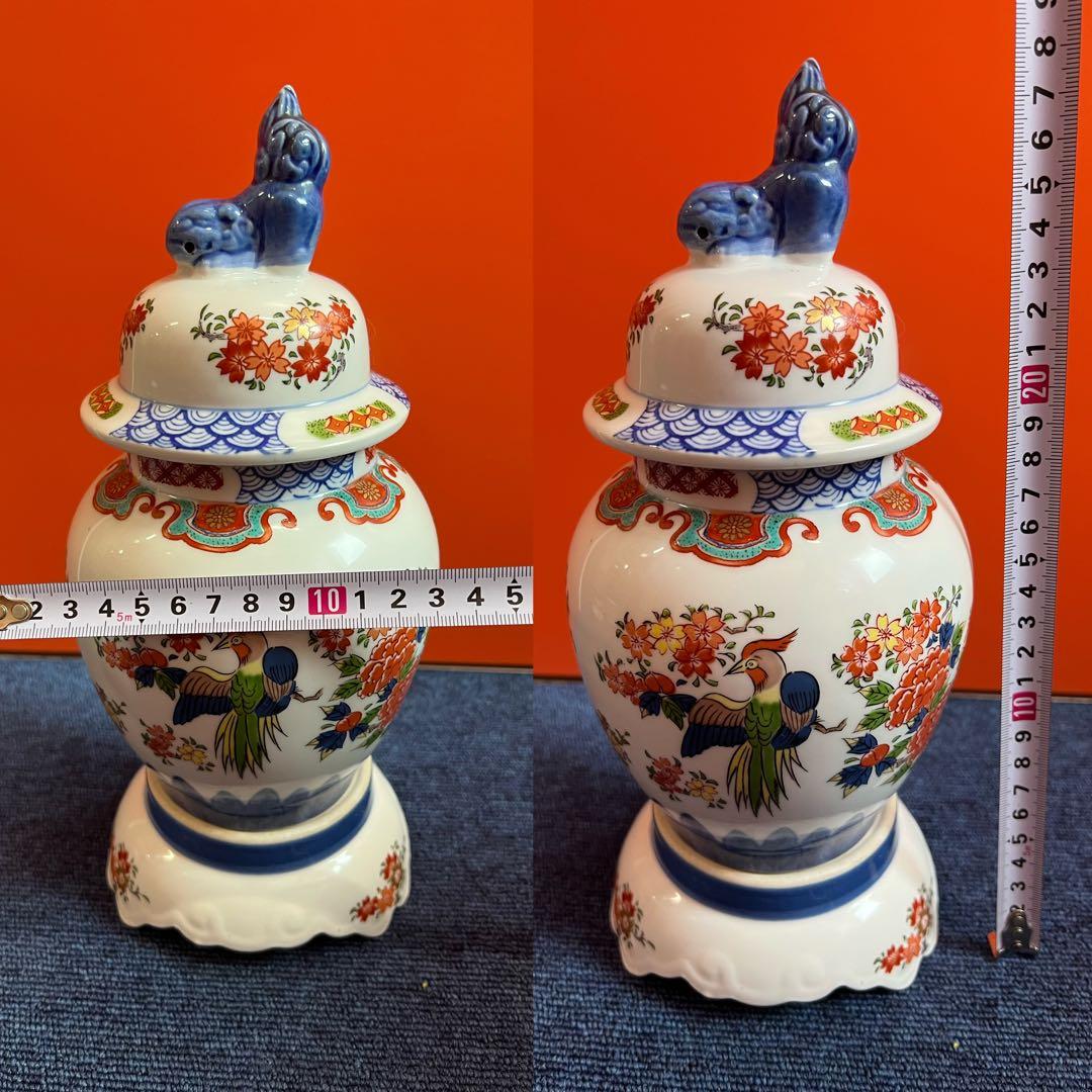 1348 九谷焼 良山作 染錦花鳥図壺 獅子蓋 三段壺 飾り壺